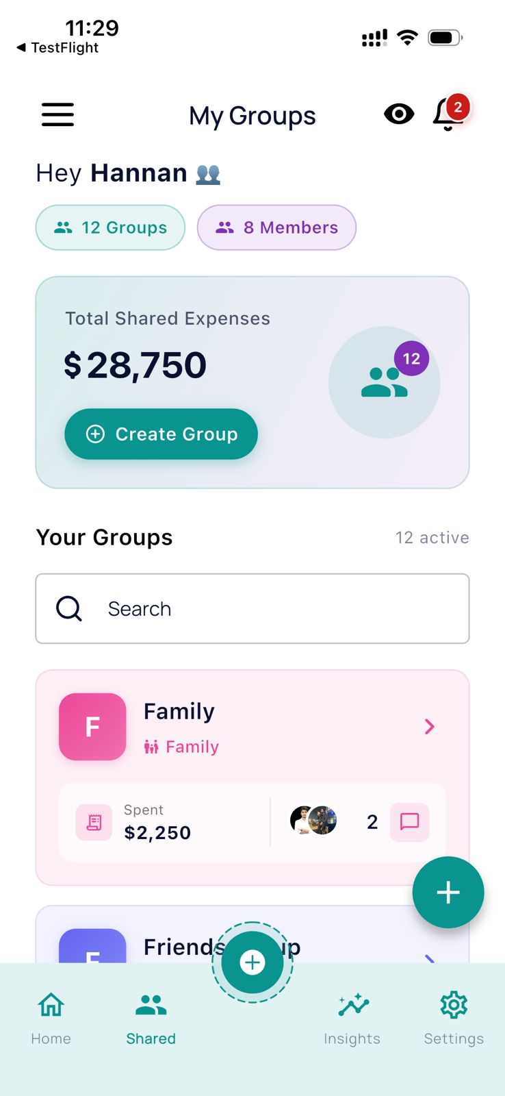 Group expenses showing shared costs with family