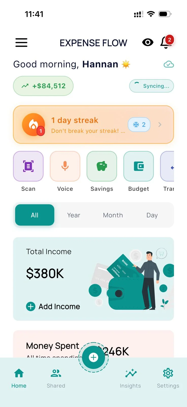 Expense Flow home dashboard showing income, expenses, and quick actions